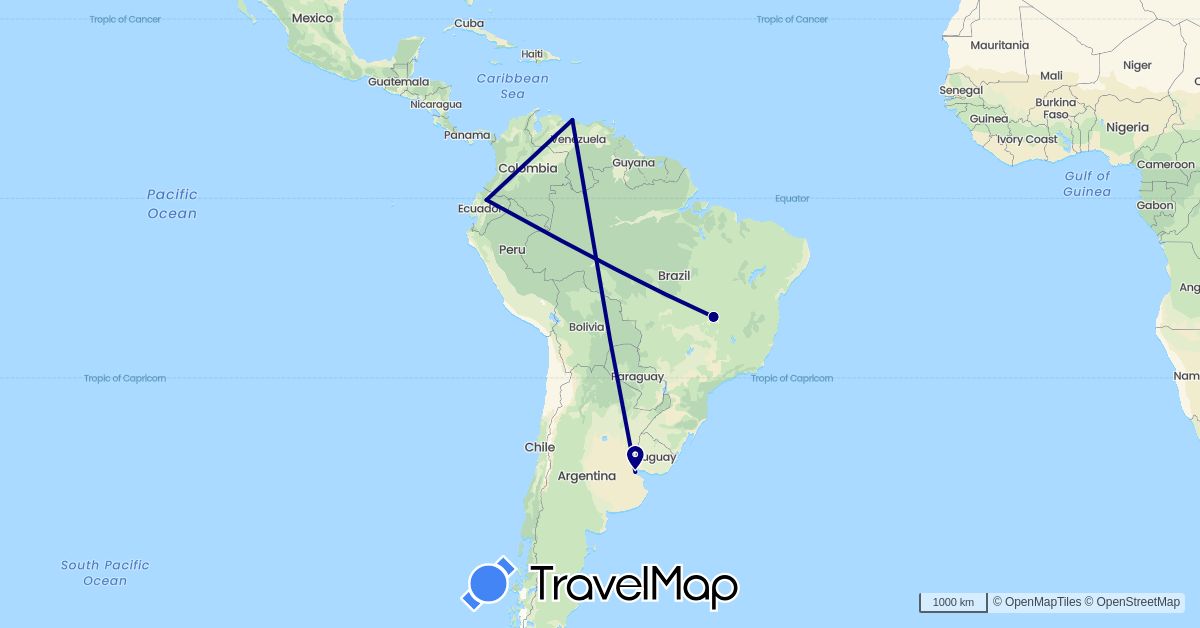 TravelMap itinerary: driving in Argentina, Brazil, Ecuador, Venezuela (South America)